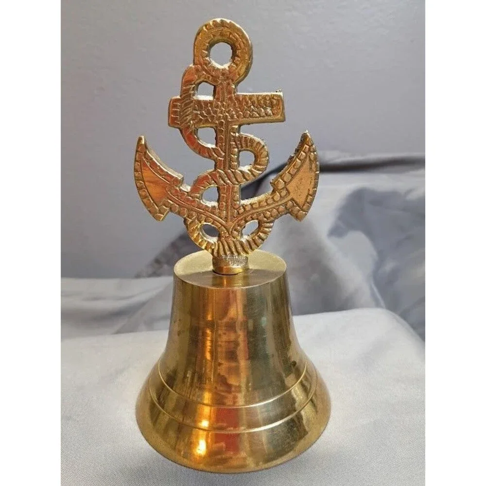 Vintage Brass Hand Bell Nautical Ship Anchor Ropes Shelf Table Maritime